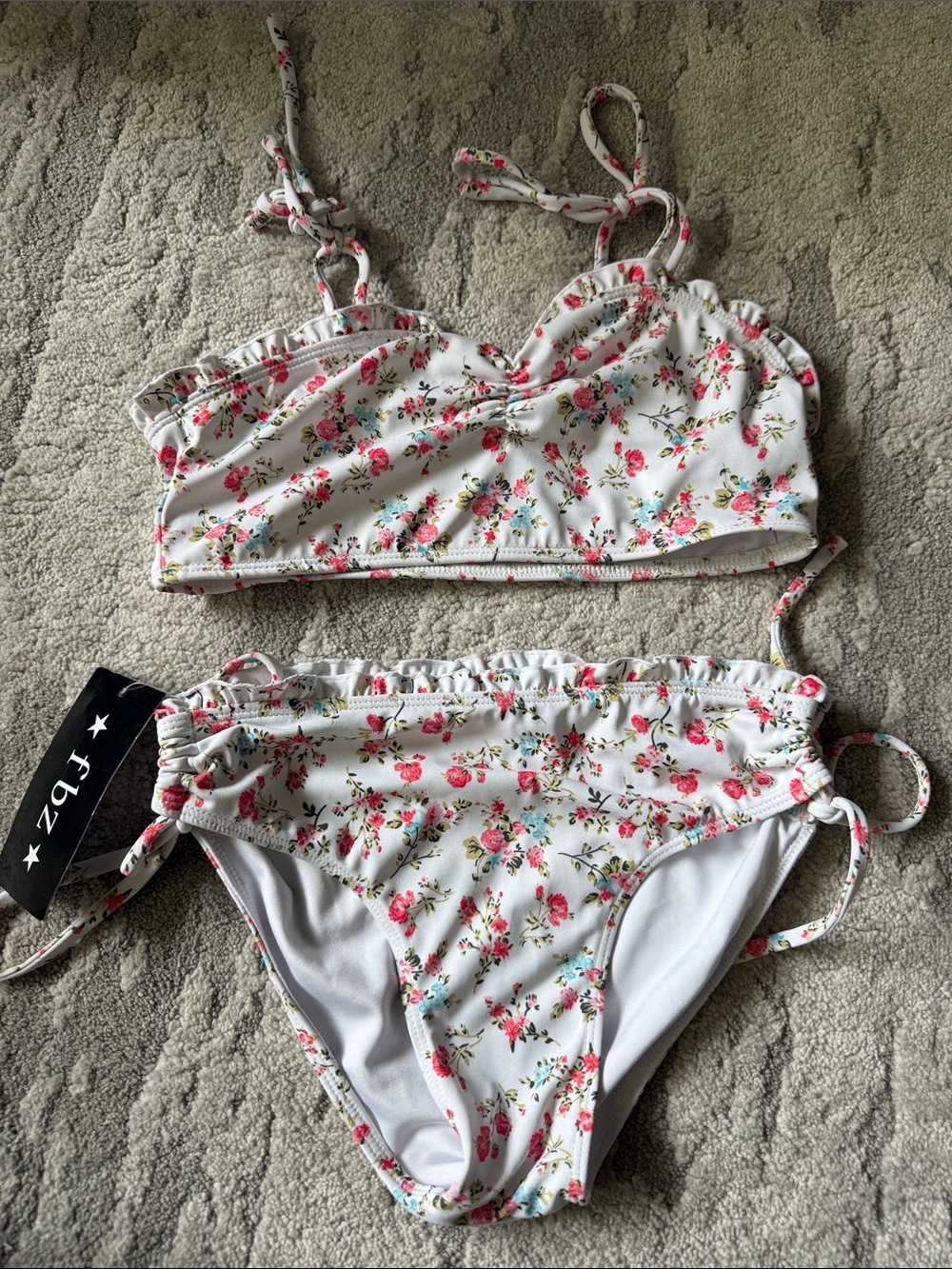 Flowers by Zoe FBZ White Floral Ruffle Bikini with Pink & Red floral Blooms